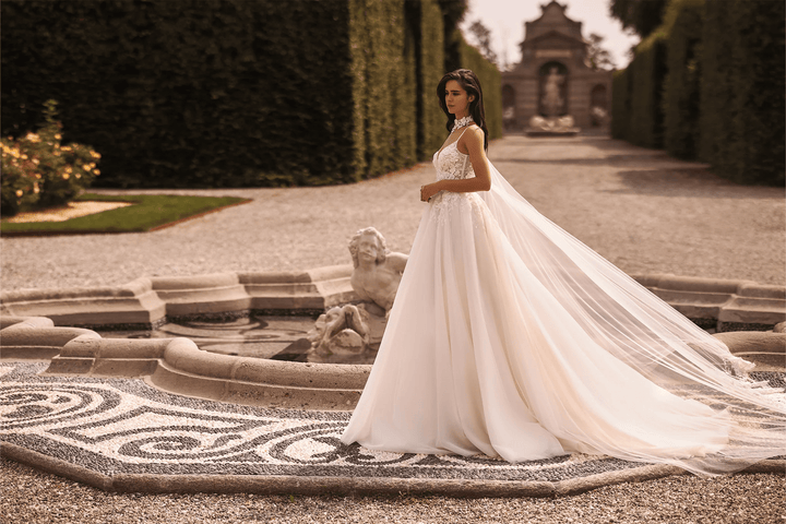 Ivory A - Line Wedding Dress with Floral Guipure Bodice and Sheer Skirt – Spaghetti Strap Wedding Gown with Flowing Veil Plus Size - WonderlandByLilian