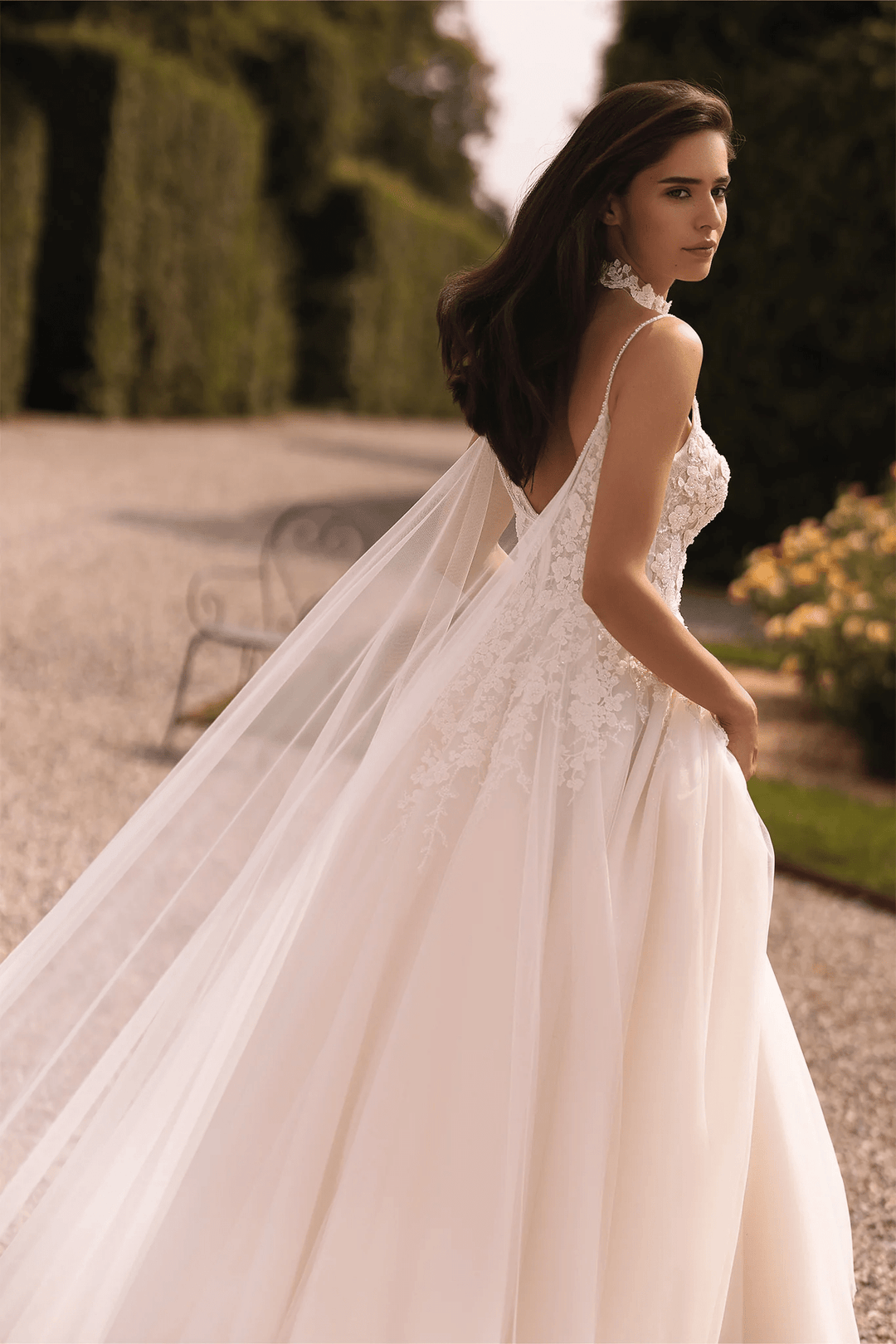 Ivory A - Line Wedding Dress with Floral Guipure Bodice and Sheer Skirt – Spaghetti Strap Wedding Gown with Flowing Veil Plus Size - WonderlandByLilian