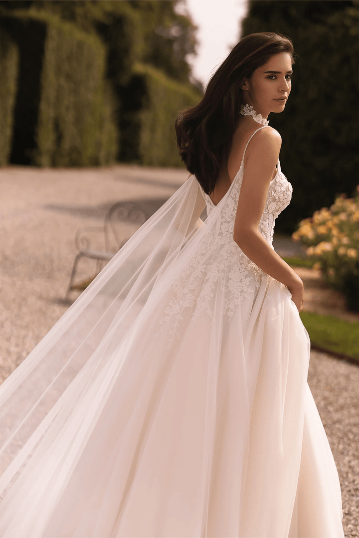 Ivory A - Line Wedding Dress with Floral Guipure Bodice and Sheer Skirt – Spaghetti Strap Wedding Gown with Flowing Veil Plus Size - WonderlandByLilian