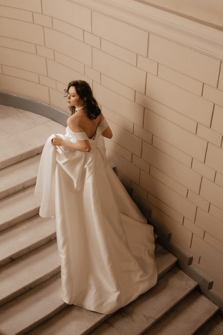 Ivory A - Line Wedding Dress with Long Train – Off the Shoulder Wedding Gown with Pearl and Deep Neckline Plus Size – DANIELLE - WonderlandByLilian