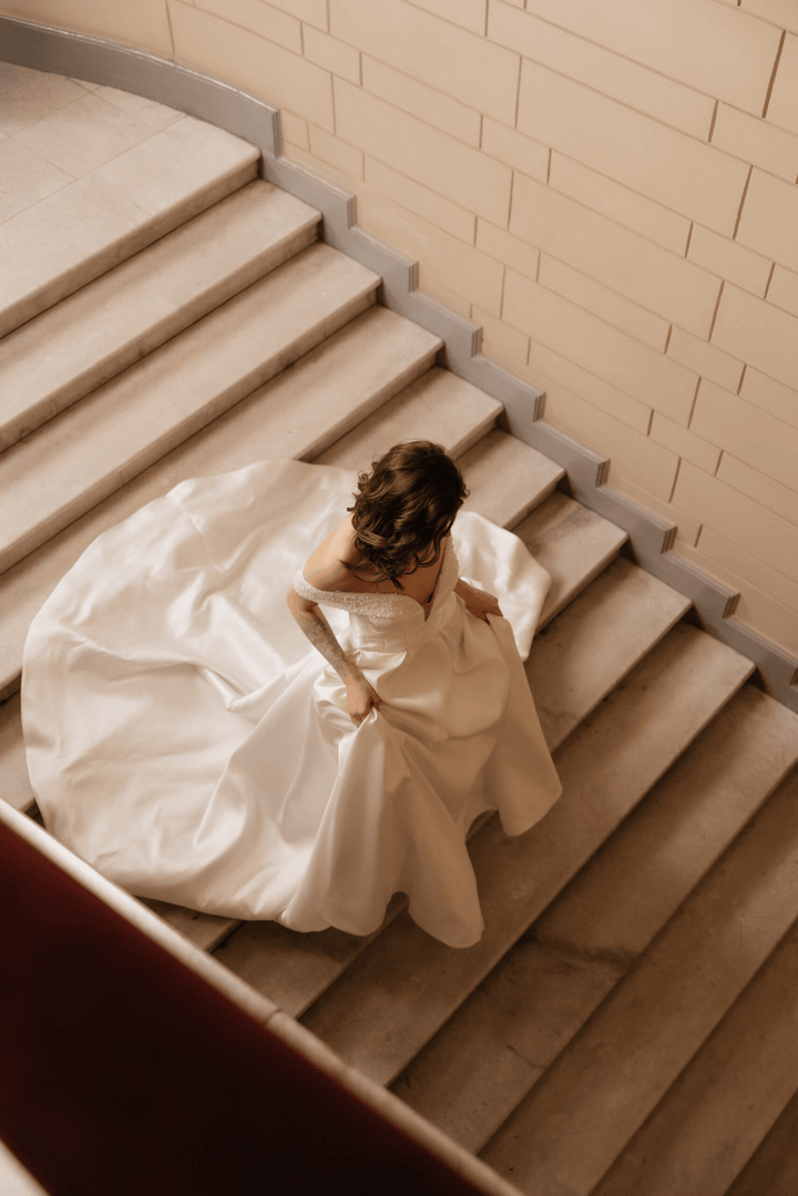Ivory A - Line Wedding Dress with Long Train – Off the Shoulder Wedding Gown with Pearl and Deep Neckline Plus Size – DANIELLE - WonderlandByLilian