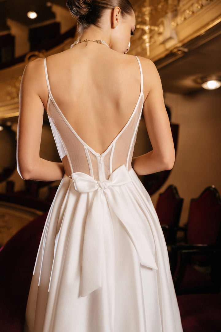 Ivory A - Line Wedding Dress with Removable Bow – Sleeveless Wedding Dress with Plunging Neckline Plus Size – ELIZA - WonderlandByLilian