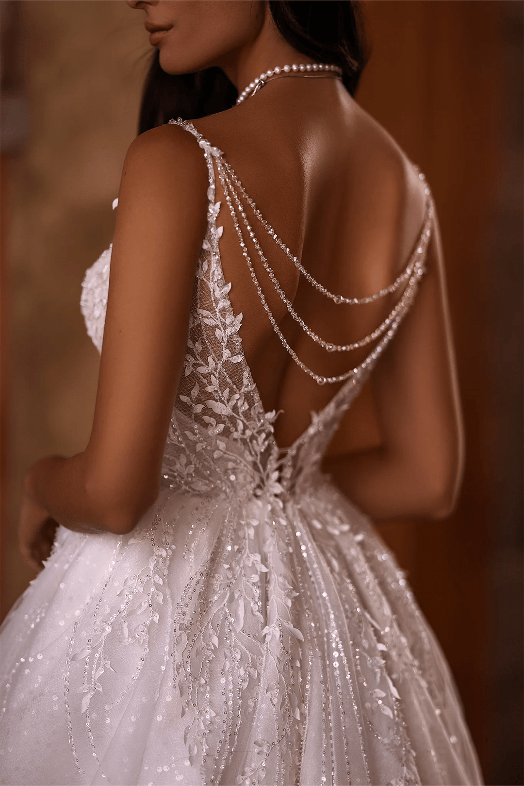 Ivory A - Line Wedding Dress with V - Neck – Wedding Gown Open Back Lace - Wedding Dress Corset with Pearl Beading Plus Size - WonderlandByLilian