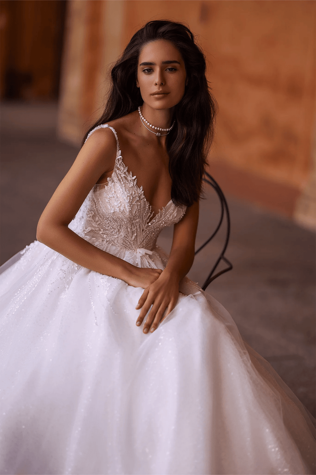 Ivory A - Line Wedding Dress with V - Neck – Wedding Gown Open Back Lace - Wedding Dress Corset with Pearl Beading Plus Size - WonderlandByLilian