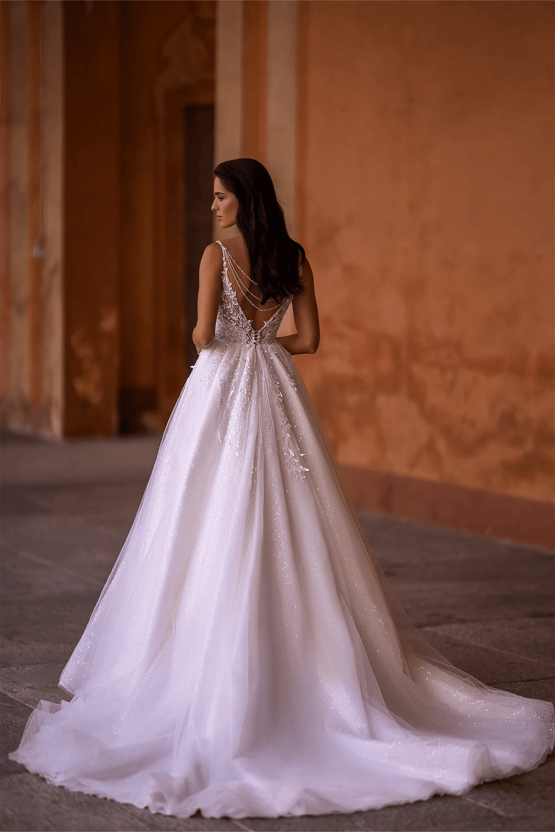 Ivory A - Line Wedding Dress with V - Neck – Wedding Gown Open Back Lace - Wedding Dress Corset with Pearl Beading Plus Size - WonderlandByLilian
