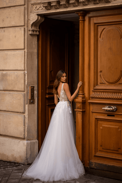 Ivory Aline Ball Gown Wedding Dress - Floral Applique Dress and Floral Wedding Dress with Tulle Plus Size - WonderlandByLilian