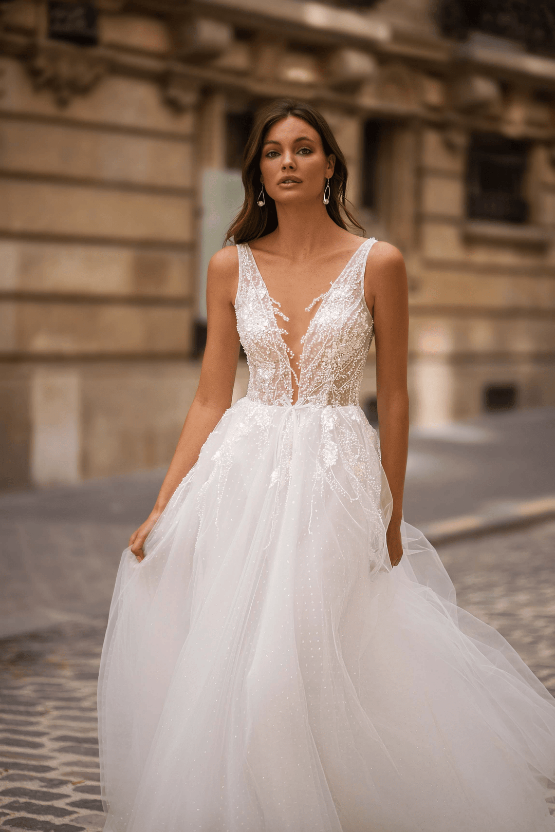 Ivory Aline Ball Gown Wedding Dress - Floral Applique Dress and Floral Wedding Dress with Tulle Plus Size - WonderlandByLilian