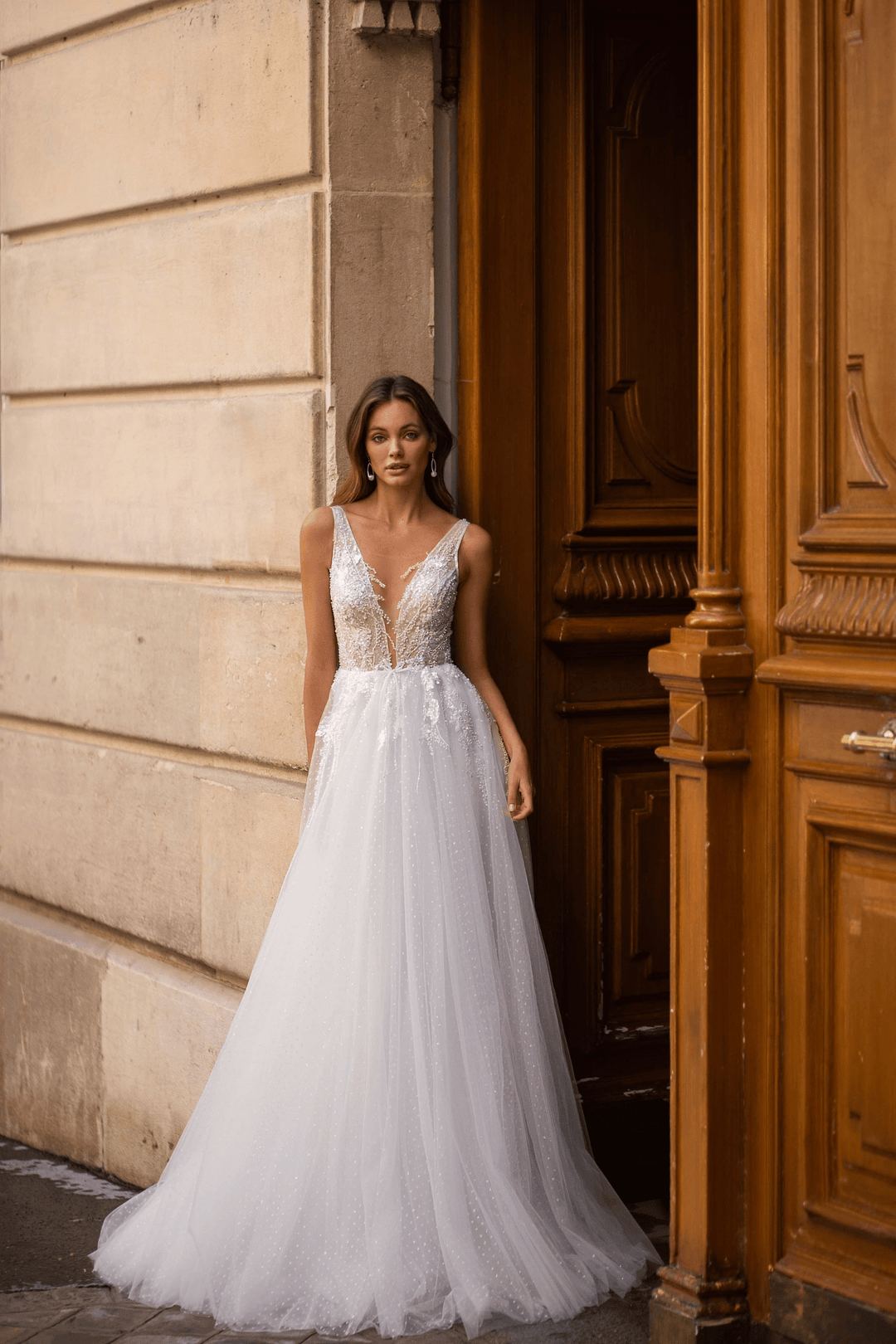 Ivory Aline Ball Gown Wedding Dress - Floral Applique Dress and Floral Wedding Dress with Tulle Plus Size - WonderlandByLilian