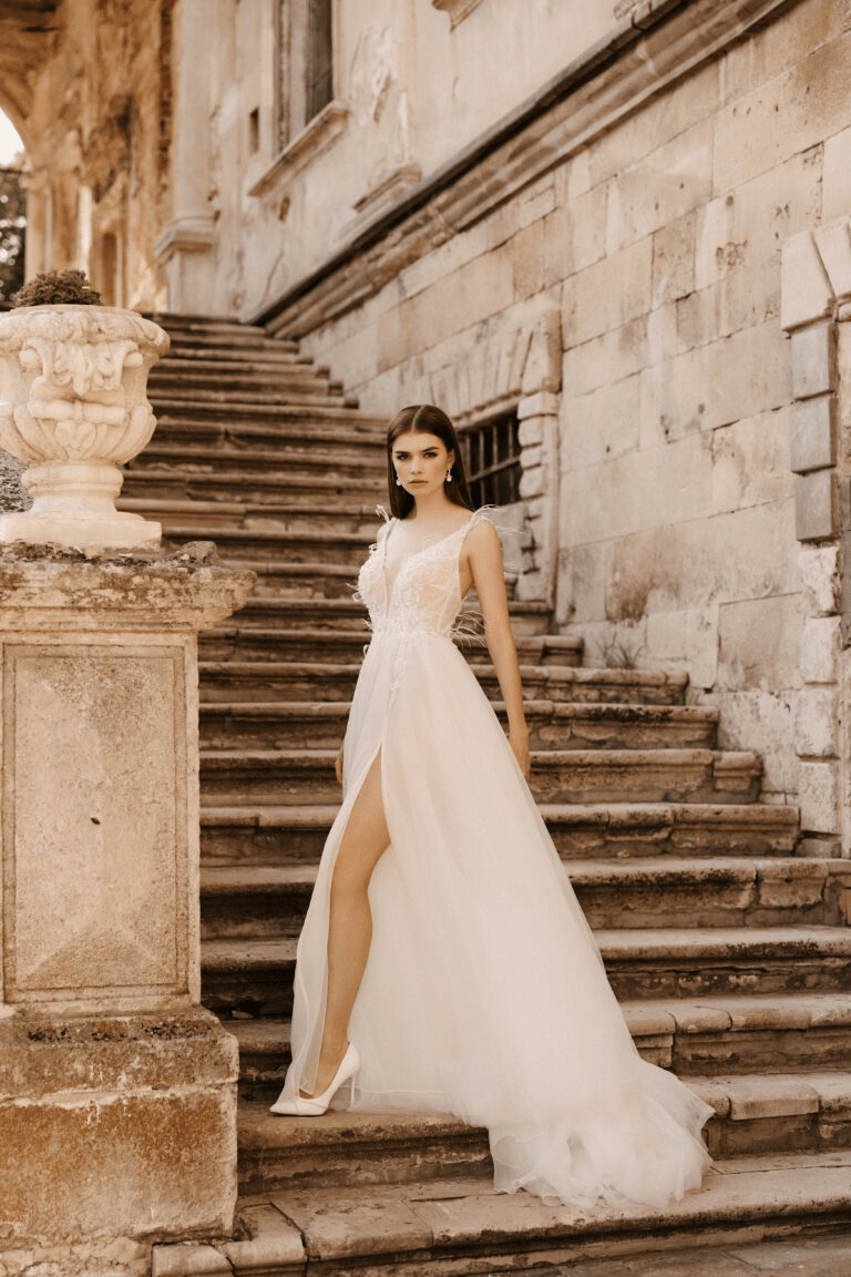 Ivory Aline Ball Gown Wedding Dress - Open Back Wedding Gown - Floral Applique Dress with High Slit Plus Size - PELAGIA - WonderlandByLilian