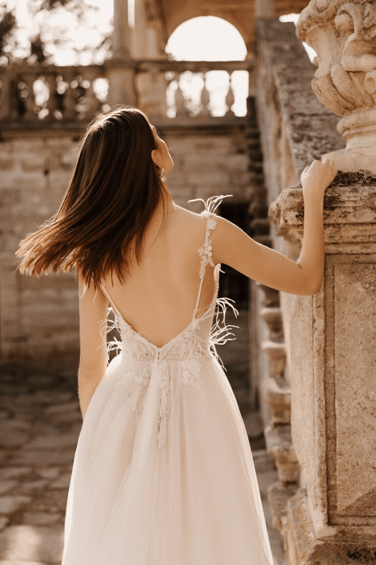 Ivory Aline Ball Gown Wedding Dress - Open Back Wedding Gown - Floral Applique Dress with High Slit Plus Size - PELAGIA Size 12 Ivory Aline Ball Gown Wedding Dress - Open Back Wedding Gown - Floral Applique Dress with High Slit Plus Size - PELAGIA Size 12