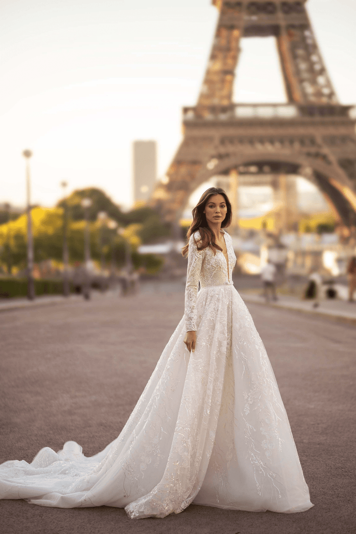 Ivory Aline Ball Gown Wedding Dress - Wedding Dress with Tulle - Floral Applique Dress Plus Size - WonderlandByLilian