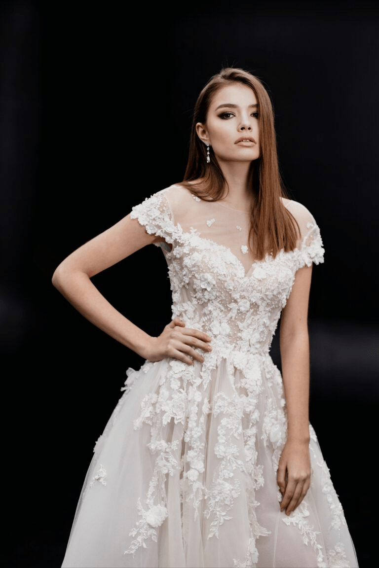 Ivory Aline Wedding Dress with Lace Sleeves - Floral Applique Wedding Dress Plus Size - LETICIA - WonderlandByLilian