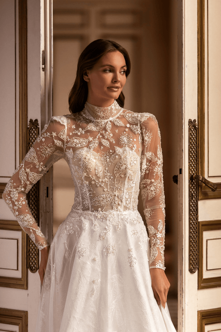 Ivory Aline Wedding Dress with Lace Sleeves - Modern Long Sleeve Wedding Dress with Train and Beaded Tulle Corset - WonderlandByLilian