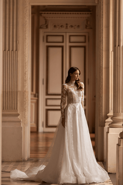 Ivory Aline Wedding Dress with Lace Sleeves - Modern Long Sleeve Wedding Dress with Train and Beaded Tulle Corset - WonderlandByLilian