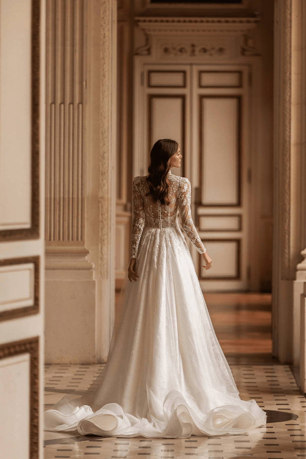 Ivory Aline Wedding Dress with Lace Sleeves - Modern Long Sleeve Wedding Dress with Train and Beaded Tulle Corset - WonderlandByLilian