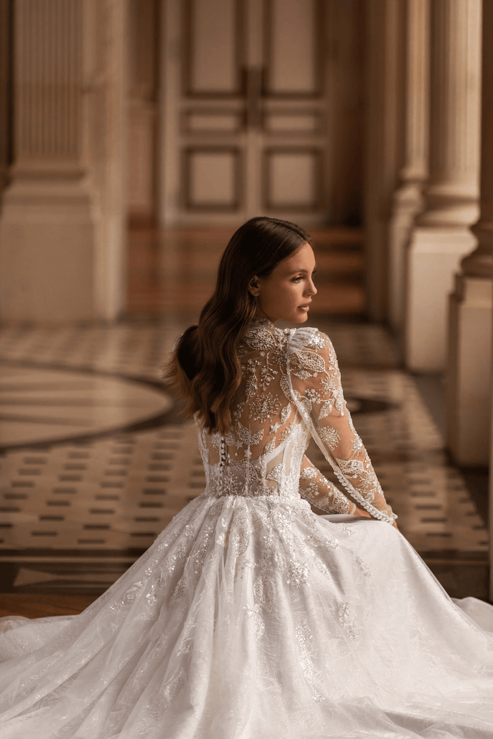 Ivory Aline Wedding Dress with Lace Sleeves - Modern Long Sleeve Wedding Dress with Train and Beaded Tulle Corset - WonderlandByLilian