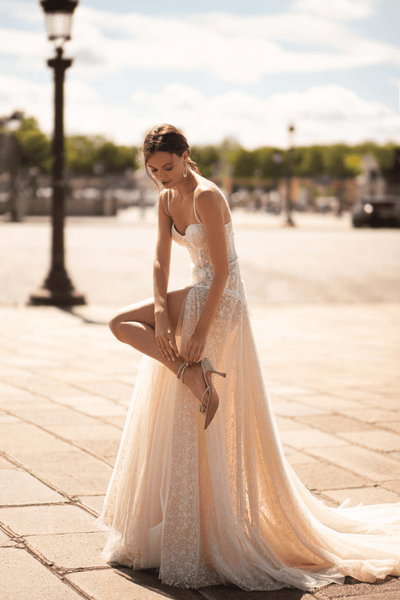 Ivory Aline Wedding Dress with Lace - Sweetheart Neckline Wedding Dress with High Slit and Tulle Skirt Plus Size - WonderlandByLilian