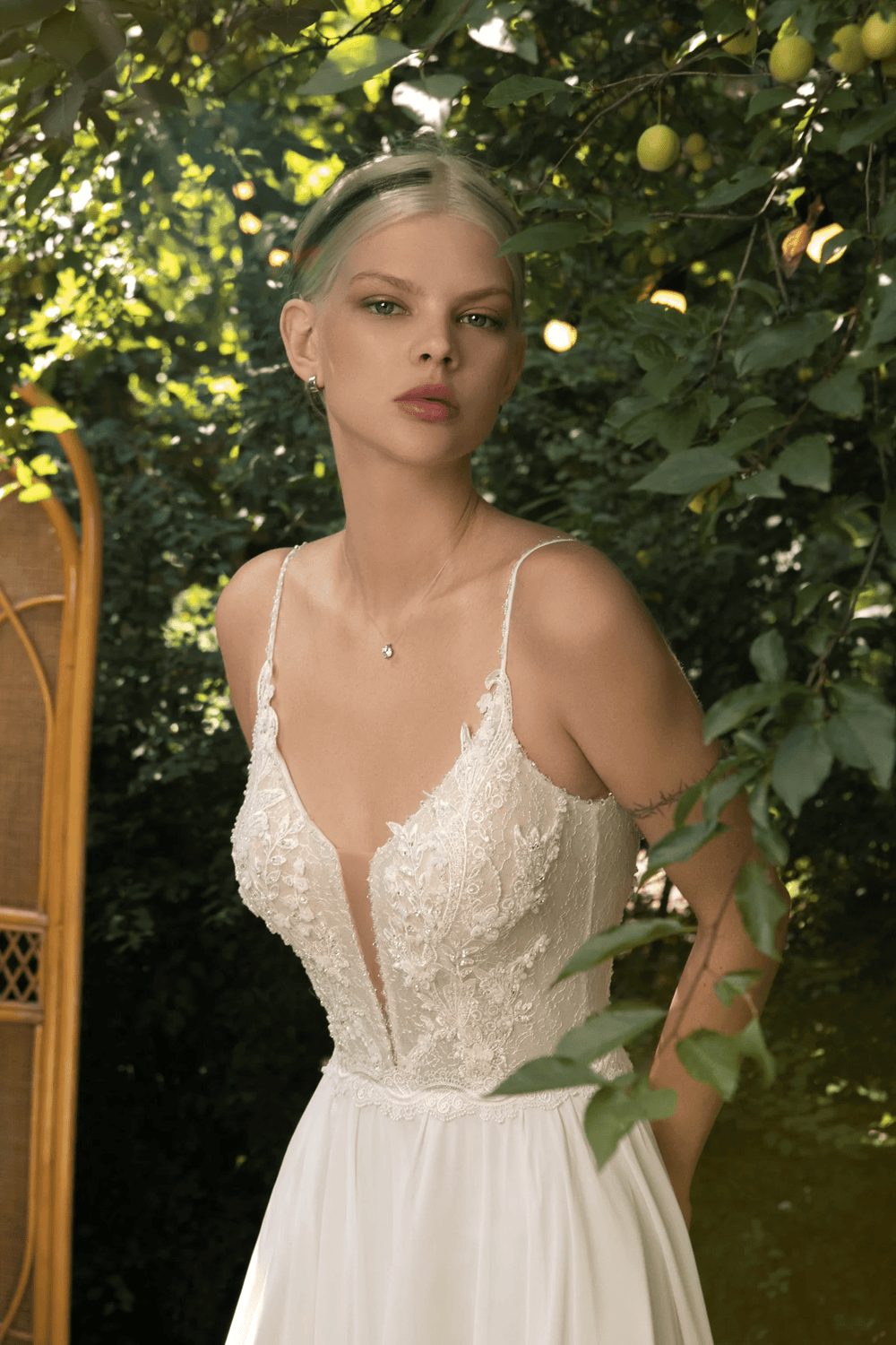 Ivory Boho Wedding Dress with Spaghetti Strap – Plunge Neck Wedding Dress with Chiffon Skirt and Lace Plus Size