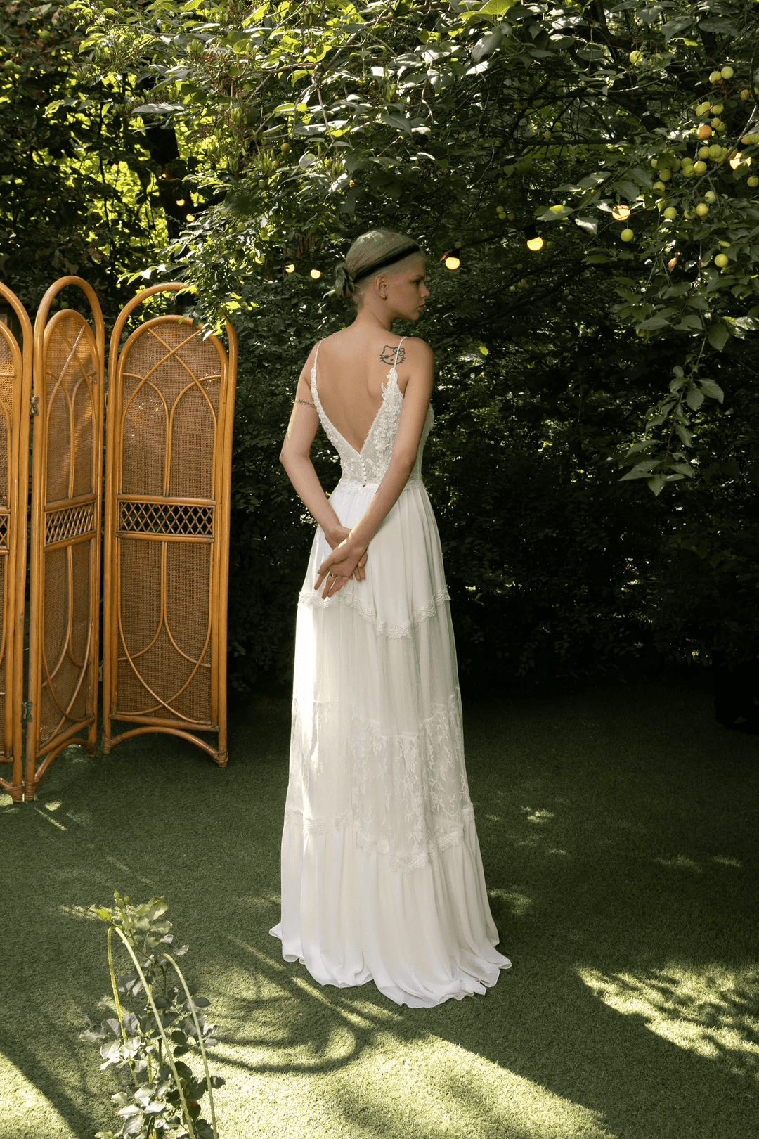 Ivory Boho Wedding Dress with Spaghetti Strap – Plunge Neck Wedding Dress with Chiffon Skirt and Lace Plus Size - Merida - WonderlandByLilian