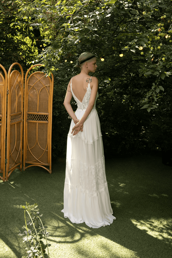 Ivory Boho Wedding Dress with Spaghetti Strap – Plunge Neck Wedding Dress with Chiffon Skirt and Lace Plus Size - Merida - WonderlandByLilian