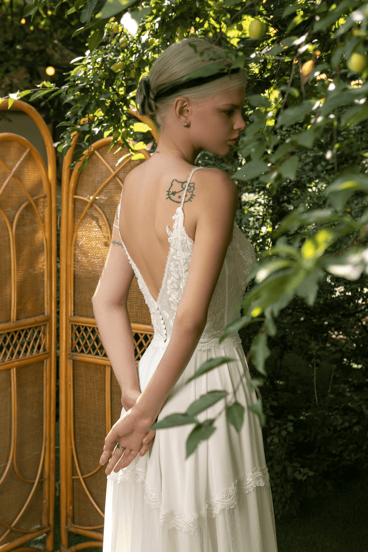Ivory Boho Wedding Dress with Spaghetti Strap – Plunge Neck Wedding Dress with Chiffon Skirt and Lace Plus Size - Merida - WonderlandByLilian