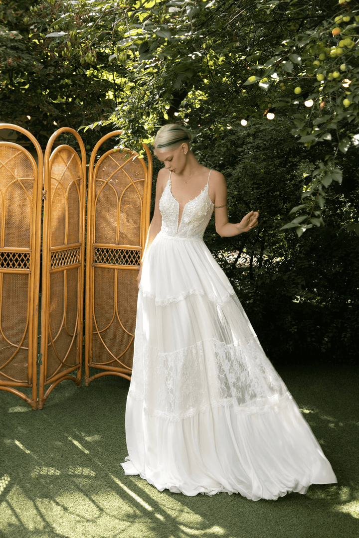 Ivory Boho Wedding Dress with Spaghetti Strap – Plunge Neck Wedding Dress with Chiffon Skirt and Lace Plus Size - Merida - WonderlandByLilian