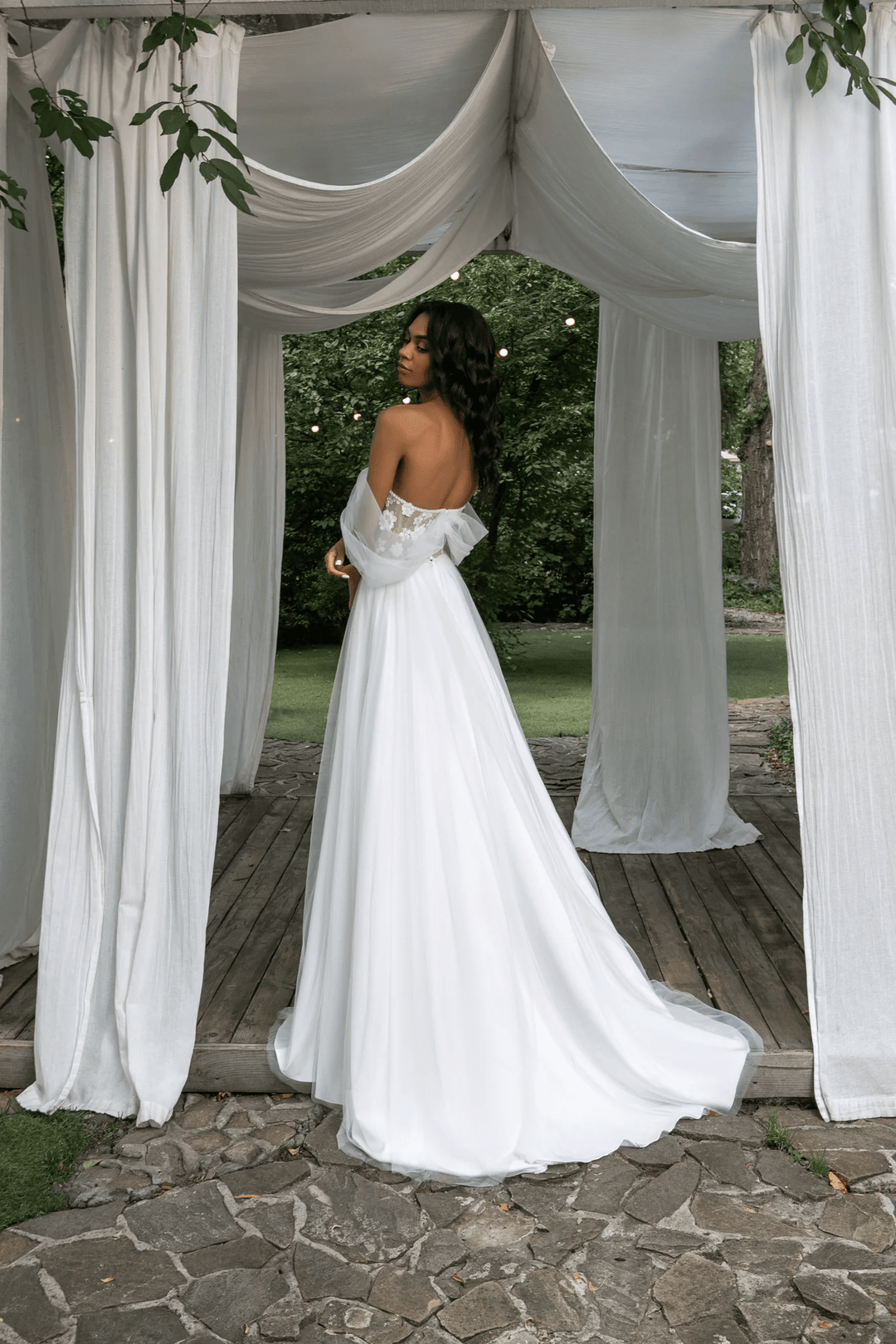 Ivory Boho Wedding Dress with Sweetheart Corset and Tulle Straps – Chiffon Wedding Dress with Train Plus Size - Marta - WonderlandByLilian