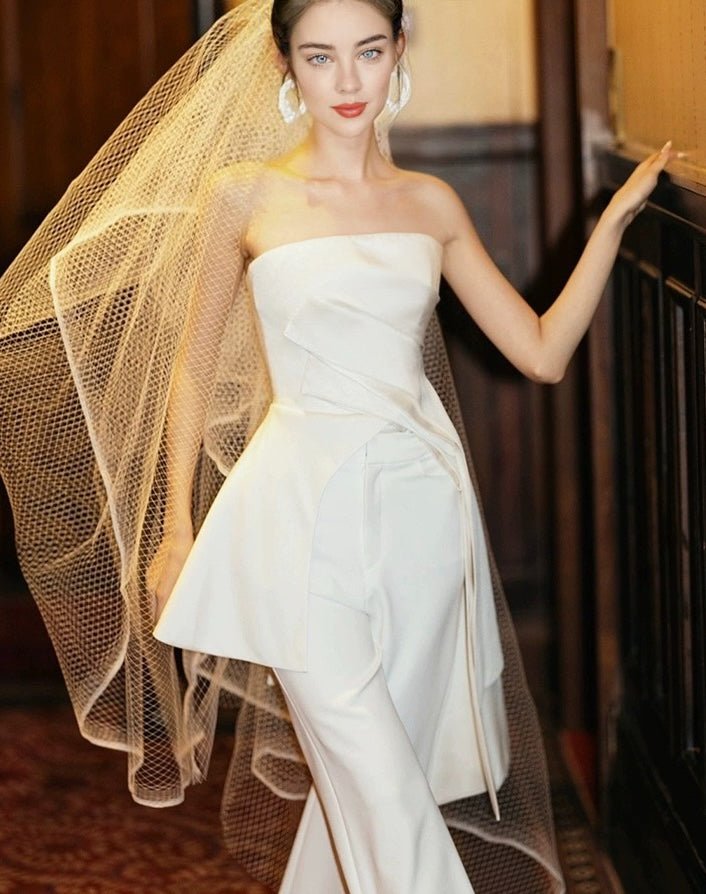 Ivory Bridal Off Shoulder Jumpsuit with Customizable Train and Veil, Plus Size Friendly - WonderlandByLilian