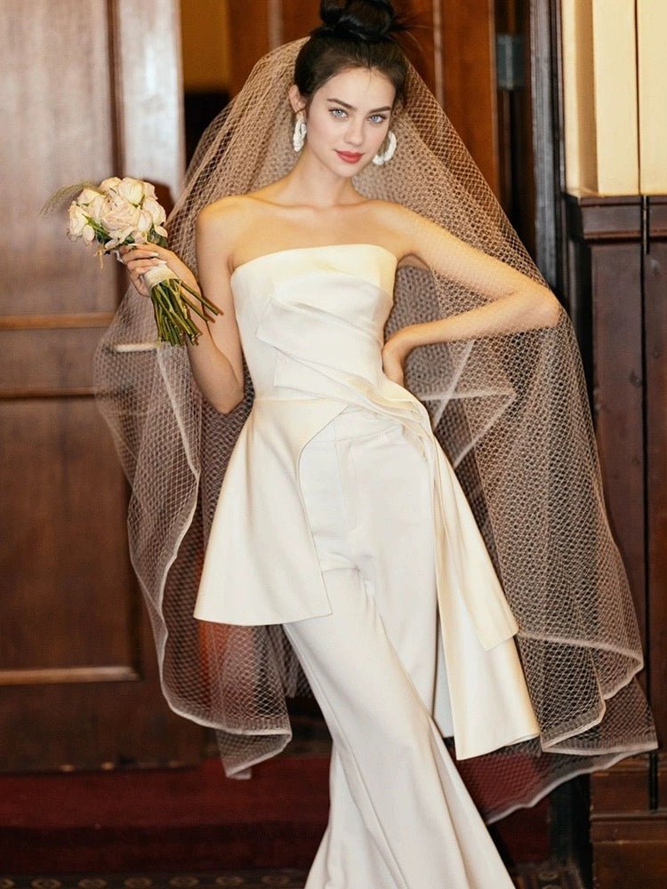 Ivory Bridal Off Shoulder Jumpsuit with Customizable Train and Veil, Plus Size Friendly - WonderlandByLilian