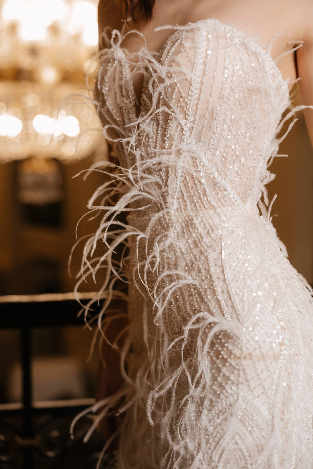 Ivory Convertible Wedding Dress with Feathers – Sequin Mermaid Wedding Dress with Train Plus Size – EMANUELA - WonderlandByLilian