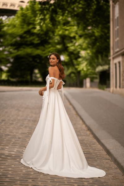 Ivory Corset Back Wedding Dress with High Slit - Off Shoulder Wedding Dress with Bow Sleeves Plus Size - WonderlandByLilian