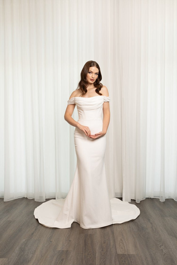 Ivory Crepe Draping Chiffon Off-Shoulder Straps Wedding Dress with Chiffon Detail Plus Size - LEIGHTON - WonderlandByLilian