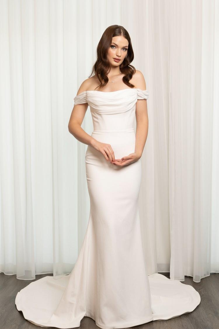 Ivory Crepe Draping Chiffon Off-Shoulder Straps Wedding Dress with Chiffon Detail Plus Size - LEIGHTON - WonderlandByLilian