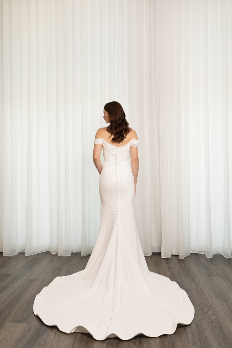 Ivory Crepe Draping Chiffon Off-Shoulder Straps Wedding Dress with Chiffon Detail Plus Size - LEIGHTON - WonderlandByLilian