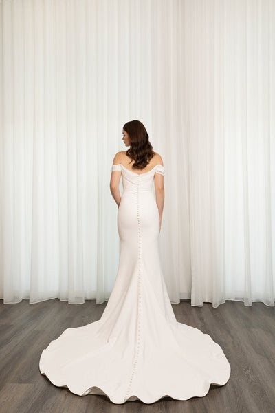 Ivory Crepe Draping Chiffon Off-Shoulder Straps Wedding Dress with Chiffon Detail Plus Size - LEIGHTON - WonderlandByLilian