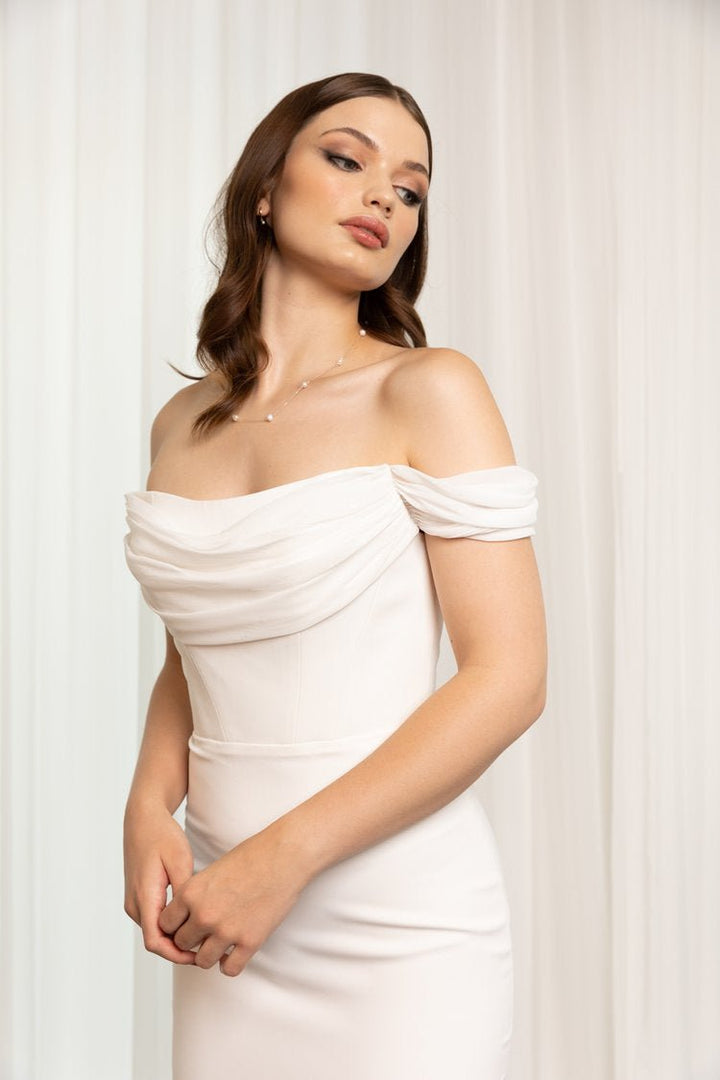 Ivory Crepe Draping Chiffon Off-Shoulder Straps Wedding Dress with Chiffon Detail Plus Size - LEIGHTON - WonderlandByLilian