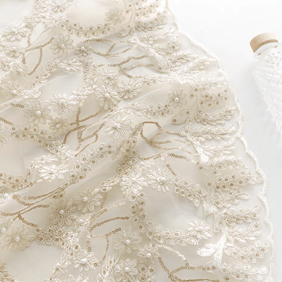 Ivory Embroidered Floral Tulle Fabric with Pearls - WonderlandByLilian