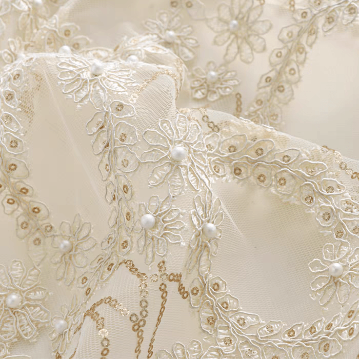 Ivory Embroidered Floral Tulle Fabric with Pearls - WonderlandByLilian