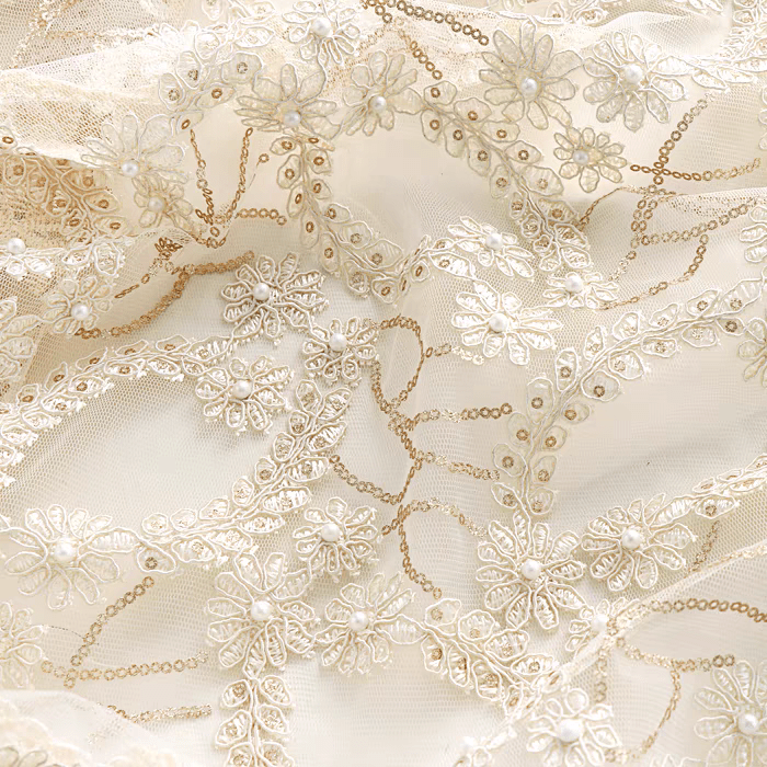 Ivory Embroidered Floral Tulle Fabric with Pearls - WonderlandByLilian