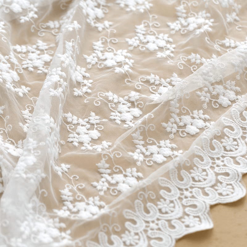 Ivory Embroidered Lace Fabric with Floral Design - WonderlandByLilian