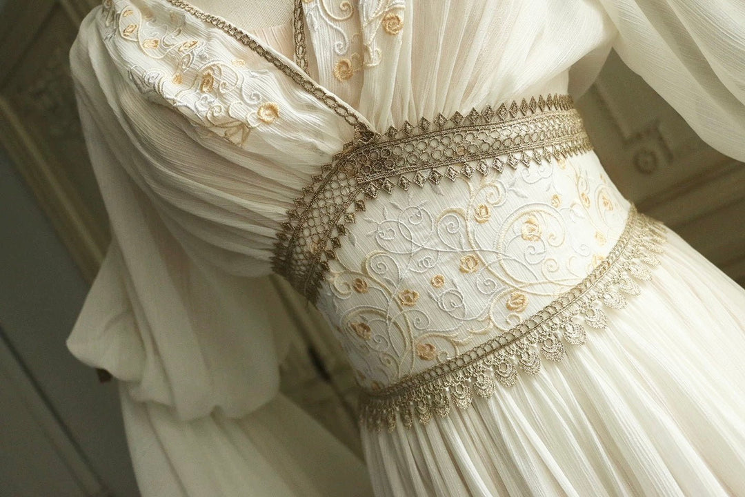 Ivory Fantasy Goddess Dress with Embroidered Details - Fantasy Dress with Flowing Sleeves and Corset Plus Size Ivory Fantasy Goddess Dress with Embroidered Details - Fantasy Dress with Flowing Sleeves and Corset Plus Size