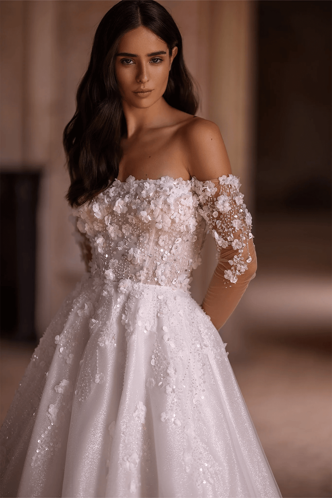 Ivory Floral A - Line Wedding Dress with Low - Cut Neckline – Off - Shoulder Wedding Dress with Pearly Sequins and Floral Motif Plus Size - WonderlandByLilian