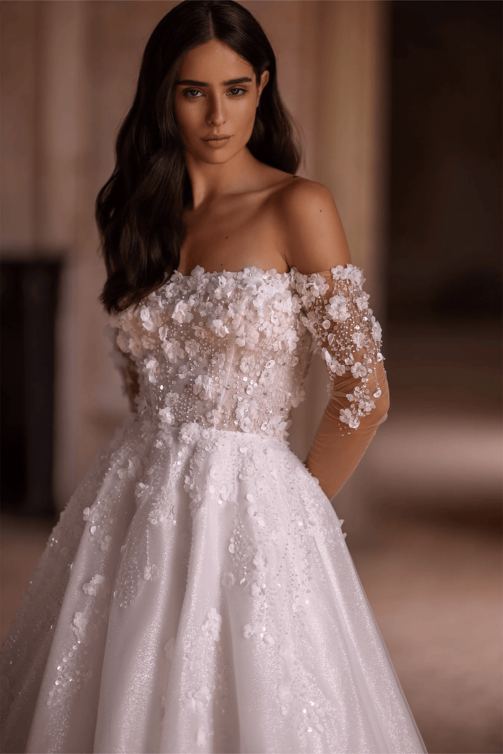 Ivory Floral A - Line Wedding Dress with Low - Cut Neckline – Off - Shoulder Wedding Dress with Pearly Sequins and Floral Motif Plus Size - WonderlandByLilian