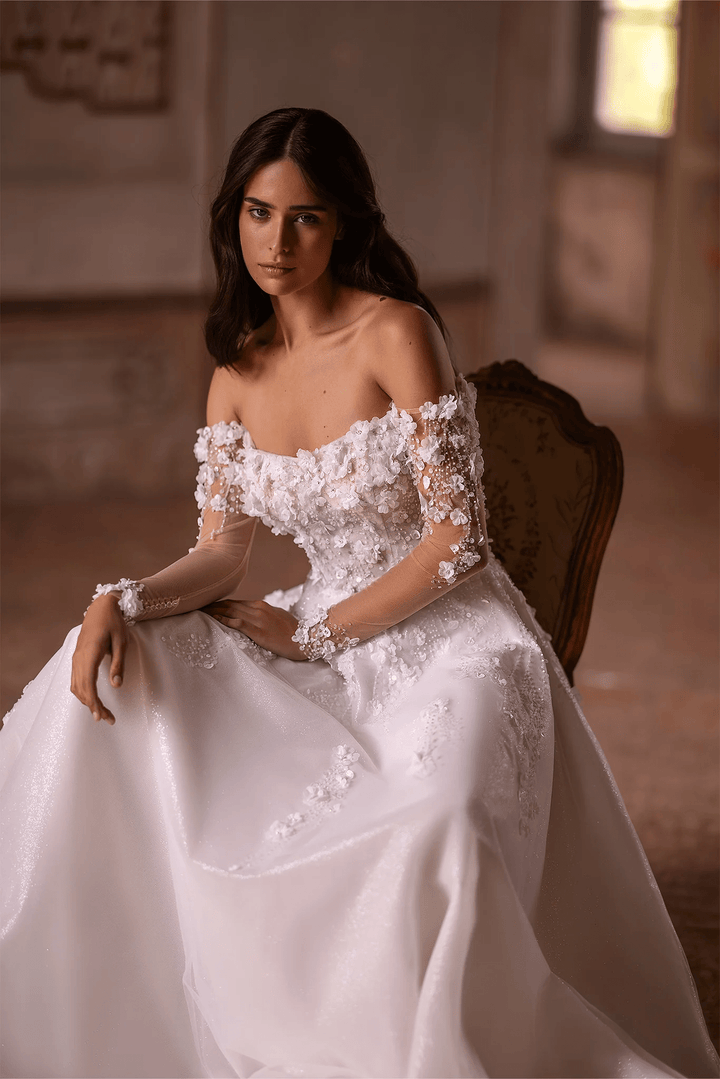 Ivory Floral A - Line Wedding Dress with Low - Cut Neckline – Off - Shoulder Wedding Dress with Pearly Sequins and Floral Motif Plus Size - WonderlandByLilian