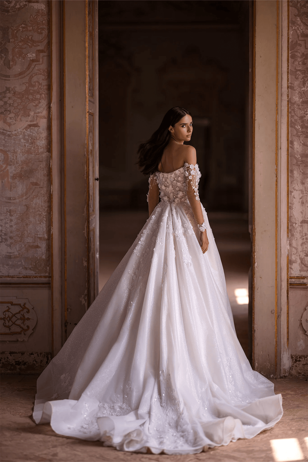 Ivory Floral A - Line Wedding Dress with Low - Cut Neckline – Off - Shoulder Wedding Dress with Pearly Sequins and Floral Motif Plus Size - WonderlandByLilian