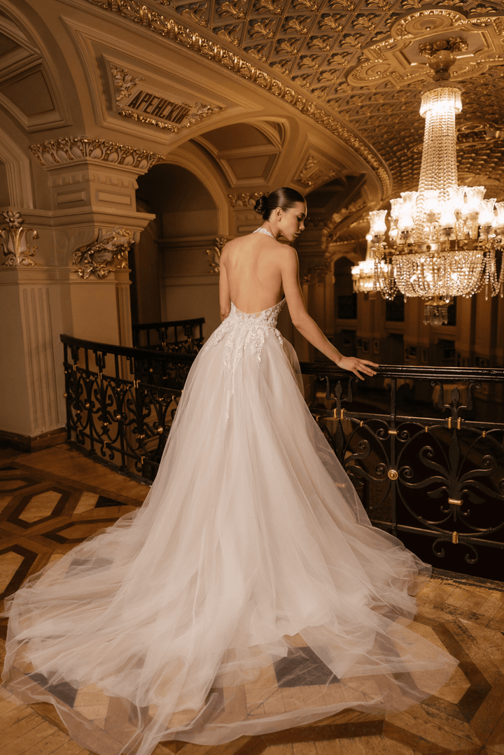 Ivory Floral Wedding Dress with Tulle and Deep Neckline – A - Line Wedding Dress with Sleeveless Plus Size – CECILIA - WonderlandByLilian