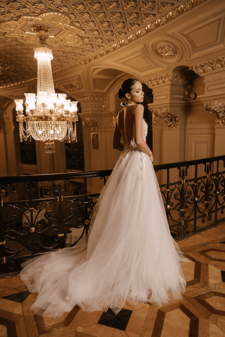 Ivory Floral Wedding Dress with Tulle and Deep Neckline – A - Line Wedding Dress with Sleeveless Plus Size – CECILIA - WonderlandByLilian