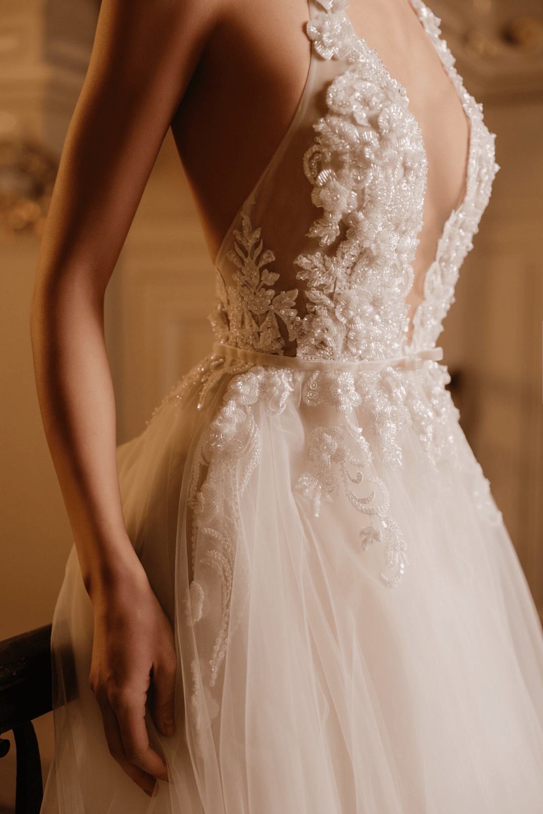 Ivory Floral Wedding Dress with Tulle and Deep Neckline – A - Line Wedding Dress with Sleeveless Plus Size – CECILIA - WonderlandByLilian