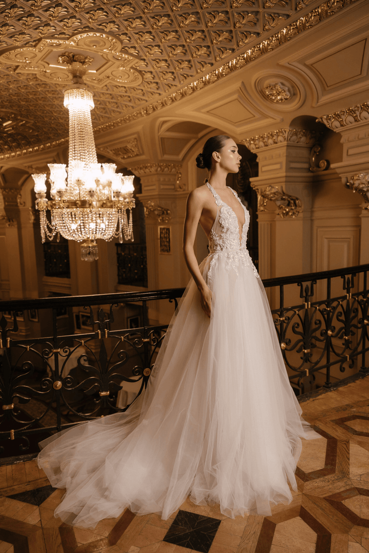 Ivory Floral Wedding Dress with Tulle and Deep Neckline – A - Line Wedding Dress with Sleeveless Plus Size – CECILIA - WonderlandByLilian