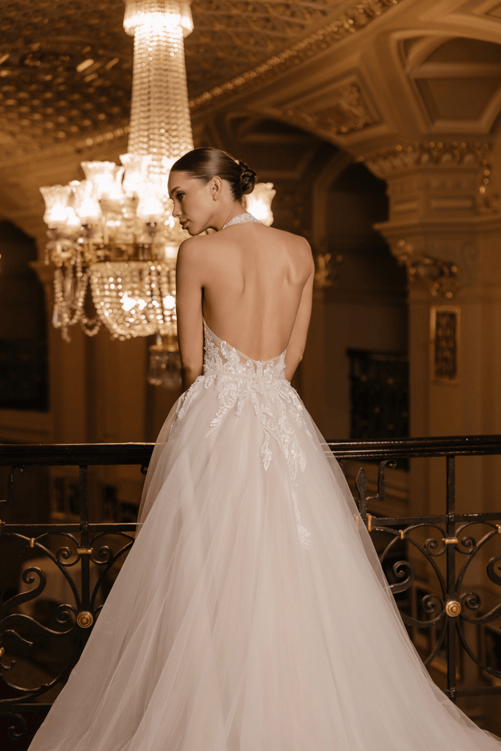 Ivory Floral Wedding Dress with Tulle and Deep Neckline – A - Line Wedding Dress with Sleeveless Plus Size – CECILIA - WonderlandByLilian